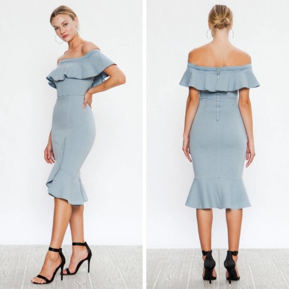 OFF-THE-SHOULDER DENIM BODYCON DRESS - Picture 2 of 5